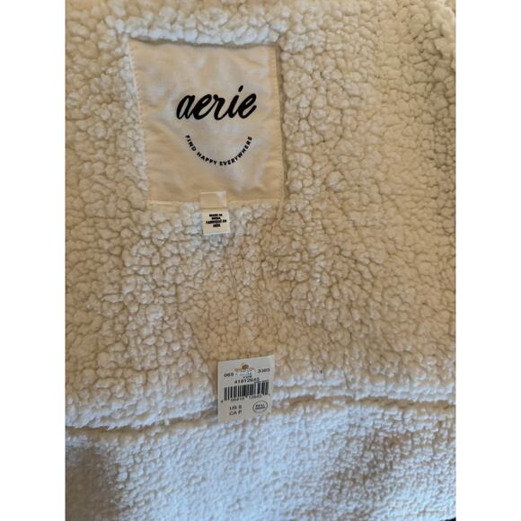 AERIE Cropped Sherpa Lined Shacket Natural Grey & Cream Plaid Pearl Snap Front - Picture 11 of 13